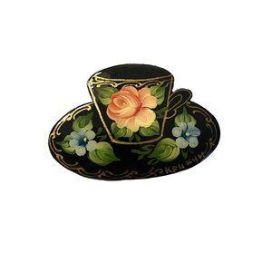 Russian Hand-painted Brooch RARE Tea Cup Signed Brooch Pin Floral Vintage Black‎